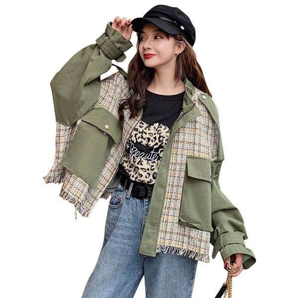 

2020 весной и осенью одежда новая корейская версия сыпучие сплайсинга ветровка женские короткие малый рабочая одежда мода, Tan;black