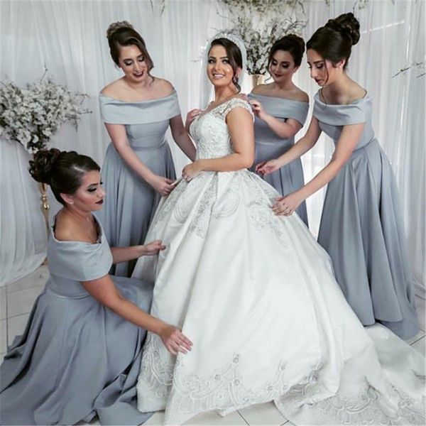 2020 moda cinza barco pescoço longa dama de honra vestidos macio cetim drapeado desenhista de casamento vestido vestido de dama de honra formal vestidos de noite formal