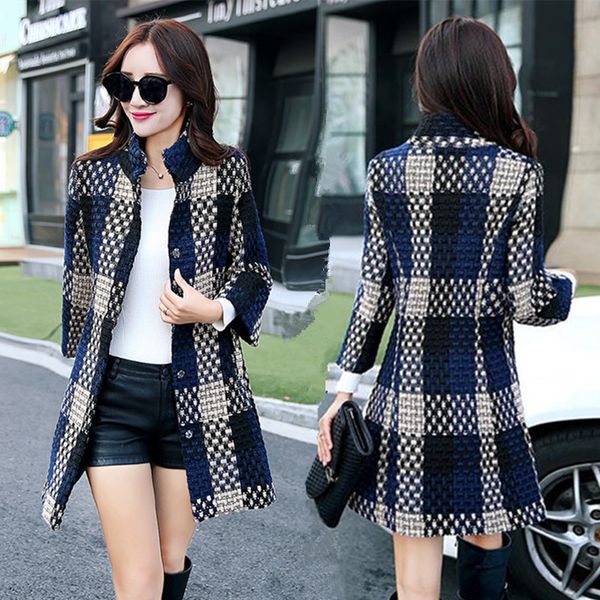

women's wool coat female long section autumn and winter new korean version of slim large size wool plaid cashmere woolen coat, Black