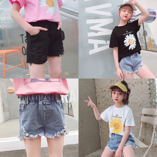 

2020 girls with holes denim shorts children's small zouju t-shirt and jeans t-shirt jeans children's pants, Blue