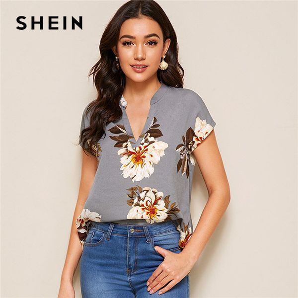 

shein floral print v-cut neck dip hem blouse women summer boho casual cap sleeve asymmetrical hem womens and blouses, White