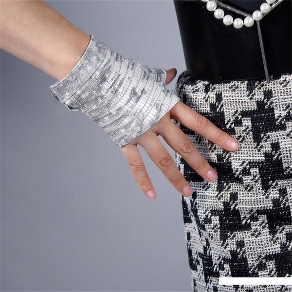 

2019 latest real leather fingerless gloves white lizard skin animal pattern pure sheepskin half finger woman' gloves tb130-1, Blue;gray