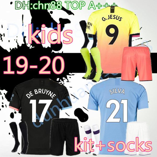 

19 20 kids+socks soccer jersey city 2019 2020 mahrez g. jesus de bruyne kun aguero football shirt mendy man uniforms manchester maillot, Black