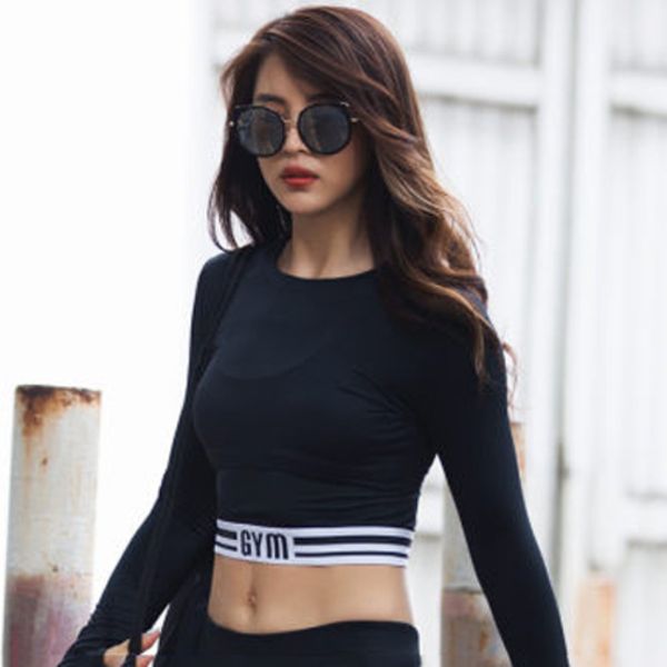 

fashion women's sports tights stitching running fitness clothes exposed navel fitness long-sleeved quick-drying yoga t-shirt new, Black;blue