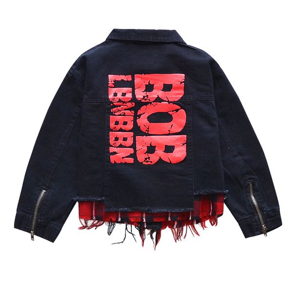 

girls' spring denim outerwear new black denim splicing cardigan letter print sports middle and big children's outerwear, Blue;gray