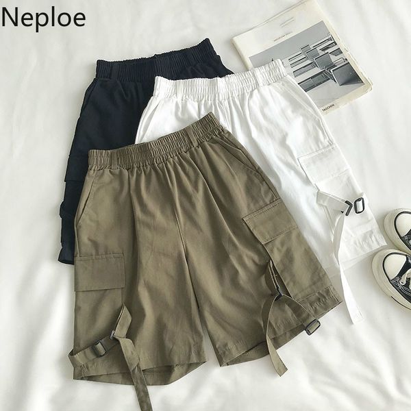 

neploe safari style women causal half pants 2020 summer stretch high waist trousers pocket ribbon bf style cargo pants 4b330, Black;white