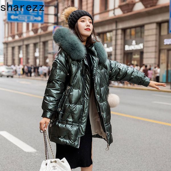 

winter cotton parka women 2019 glossy hooded jackets large size warm thick gold parka big fur loose coat women jacket winter, Black