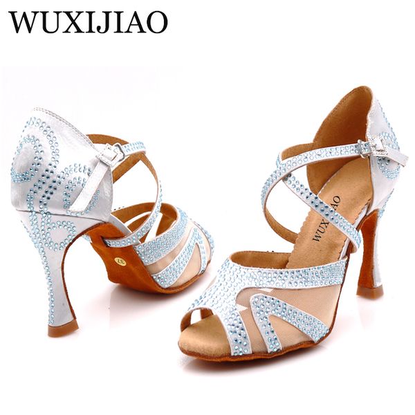 

wuxijiao diamond silver satin latin dance shoes ladies salsa party rhinestone ballroom dancing shoes women's 9cm