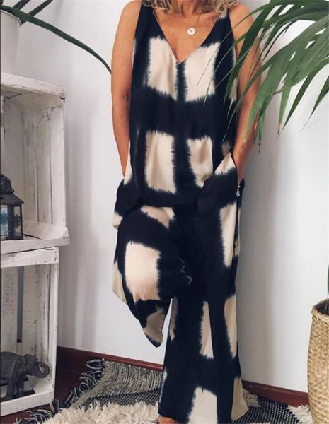 

sleeveless jumpsuit women long romper 2020 summer lady fashion plaid trousers beach jumpsuit coveralls sling female frock, Black;white