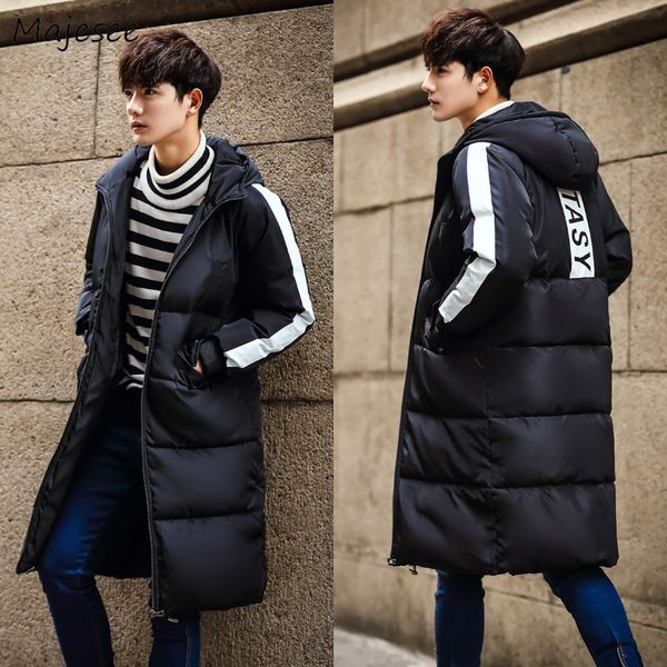 

parkas men winter large size hooded striped zipper leisure pockets all-match korean printed long coat mens thicker warm overcoat, Black
