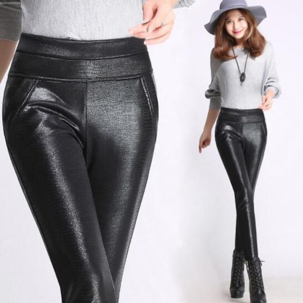 

2020 winter warm fleece women pencil pants pu botton breeches high waist stretch plus size female trouser for women dv81, Black;white