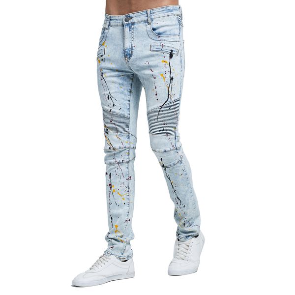 2017 Erkekler Moda Biker Kot Yeni Tasarım Strech Açık Mavi Skinny Jeans H0114