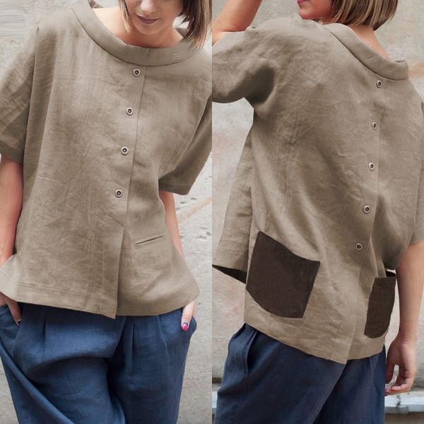 

woman blouses for women vintage oversized cotton 2019 summer short sleeve buttons casual shirts pockets patchwork loose blusas, White