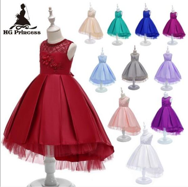 

1pcs girls beaded embroidery flower princess dress with bow kids long satin mesh lace patchwork swallowtail wedding prom party formal dress, Red;yellow