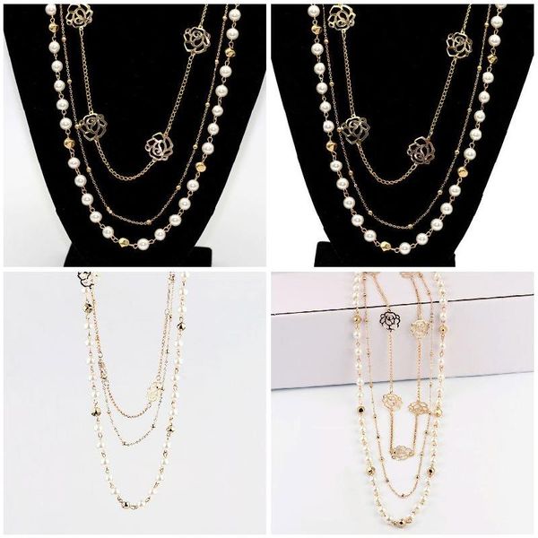 

women rhinestone multi layer long necklace imitation pearls sweater chain necklaces jewelry hh88, Silver