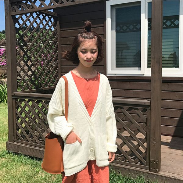 

loose women cardigan coat double pocket design sweater jacket cute sweet girl casual long knitted cardigan pink cape top, White;black