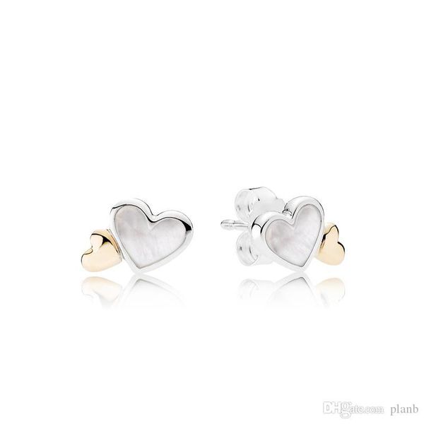 

authentic 925 silver white heart stud earrings for pandora cz diamond wedding 14k gold earring with original box set, Golden;silver