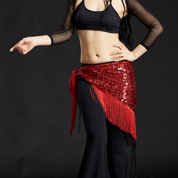 

womens belly dance hip scarf tribal triangle tassel sequins hip scarves skirt belly dancing costumes, Black;red