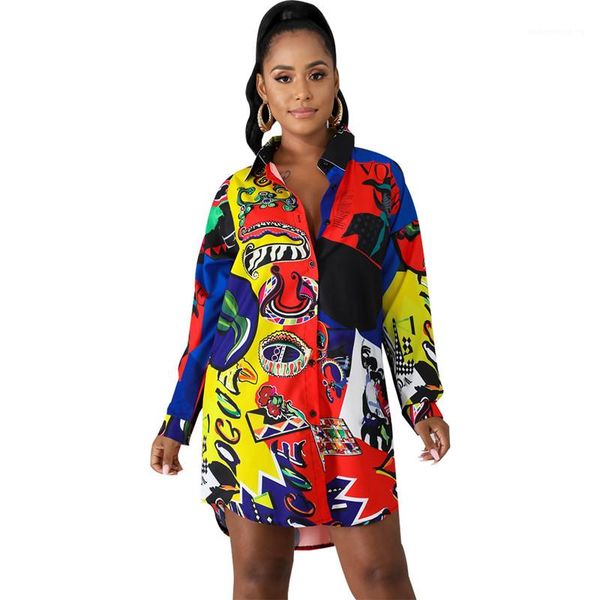 

shirt dresses designer loose lapel neck patchwork dress fashion female long sleeve casual clothing summer womens graffiti, Black;gray