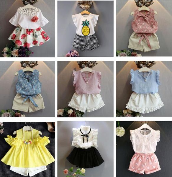

wholesale 10 styles kids designer clothes girls chiffon cotton t-shirt +shorts pants skirts 2pcs set baby girl designer clothes by0846, White