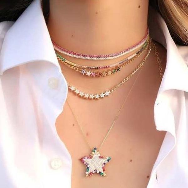 

2019 new style gold color sparking rainbow cz star pendant necklace for women lady colorful cz trendy fashion wedding jewelry, Silver