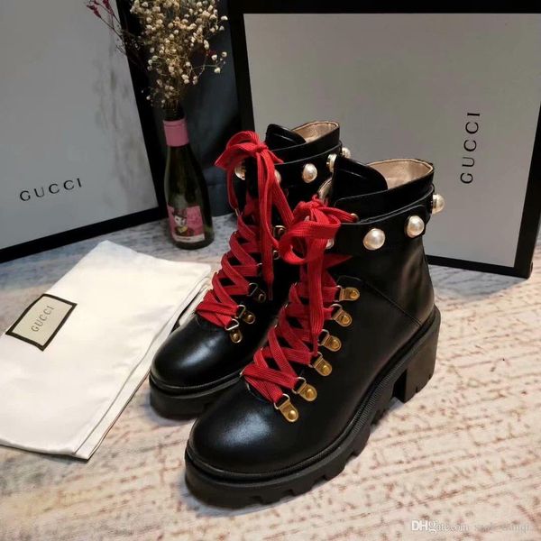 

new fashion luxury lady thick heel boots casual fashion wild women short boots lace up heel martin boots high 6cm size 35-42, Black