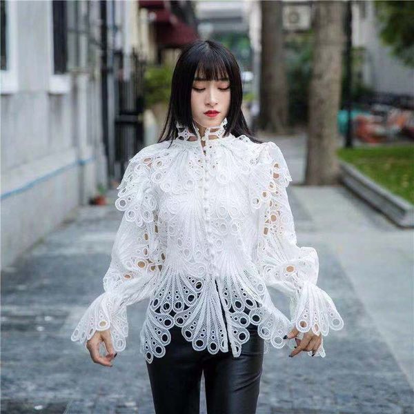 

new arrival runway spring sweet ruffles hollow out polka dot lace shirt women mesh lace flare sleeve button fashion blouse top, White