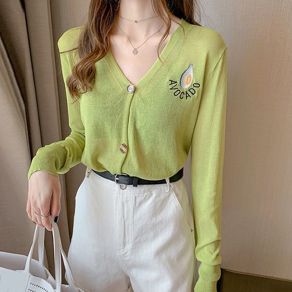 

2020 нового прибытия письмо авокадо печати женщины вязать кардиган дряблой casual v-образный вырез пальто с длинными рукавами тонкого свитер, White