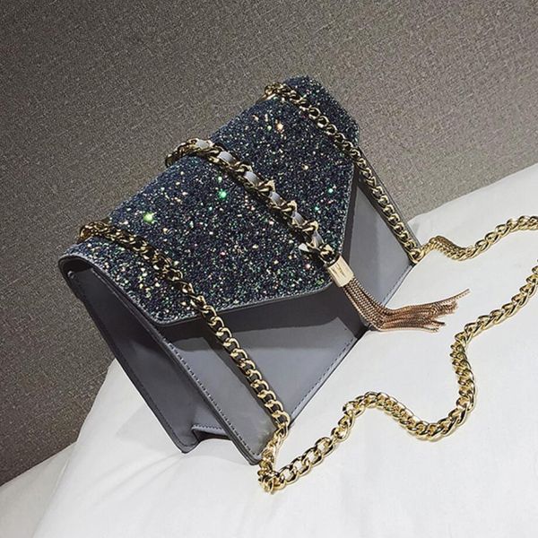 

2019 fashion new ladies sequin square bag pu leather women's designer handbag tassel chain shoulder crossbody bag t200102