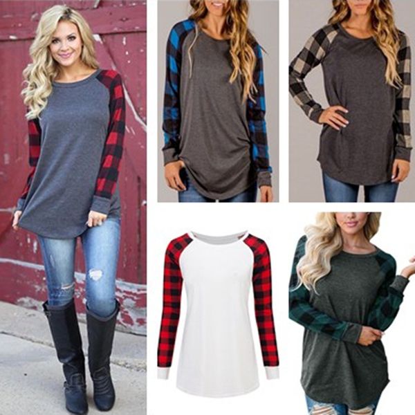 

plaid panel raglan women t shirt long sleeve patchwork blouses plus size autumn spring t-shirt pullover ladies tshirts blouse plus, Blue