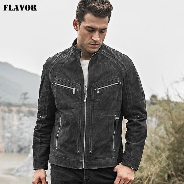 

2018 men's real leather jacket pigskin motorcycle leather jacket with zipper closure grey, Black