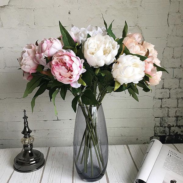 

new year artificial silk+plastic peony flower branch with leaves flores peonies for indoor home decor diy wedding decorations