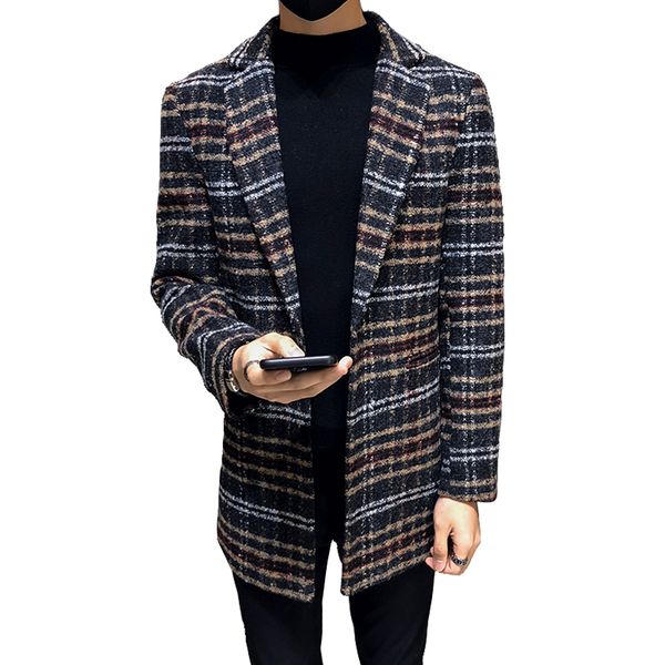 

2019 new autumn and winter thick lattice slim men's trench coat wool rough flower england paragraph blends coat, Black