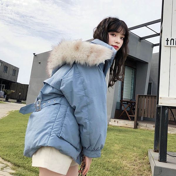 

2019chic shaking voice network red short loose-fit cotton-padded clothes women's, blue large fur collar hooded short down coat, Blue;black
