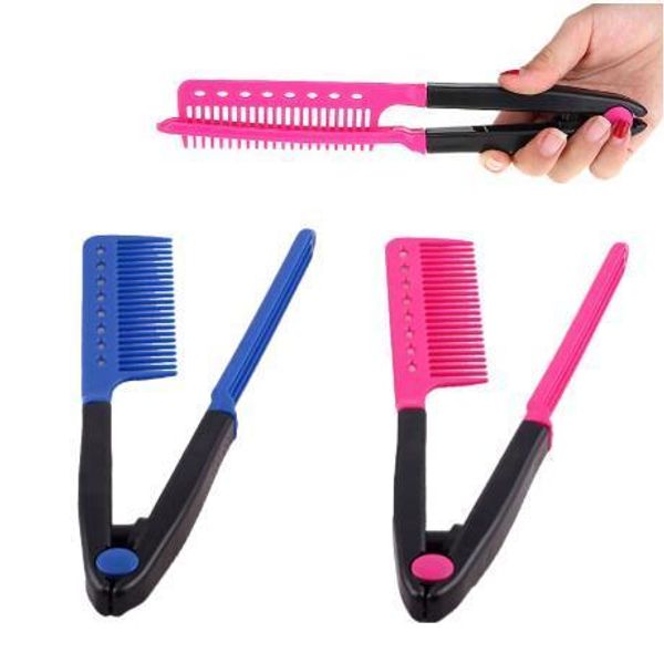

1 pc women v type design hair straightener comb folding hair sort out pink blue modeling salon hairdresser combs styling tool