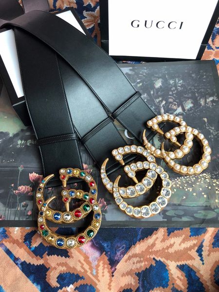 

Fa hion big 7 0 cm width gold pearl gem tone buckle women belt with box real leather belt women belt 550110