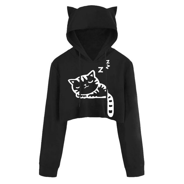 

women sweatshirt short hoodies casual long sleeve cat ear print short hooded kawaii blouse jumper pullover moletom new, Black