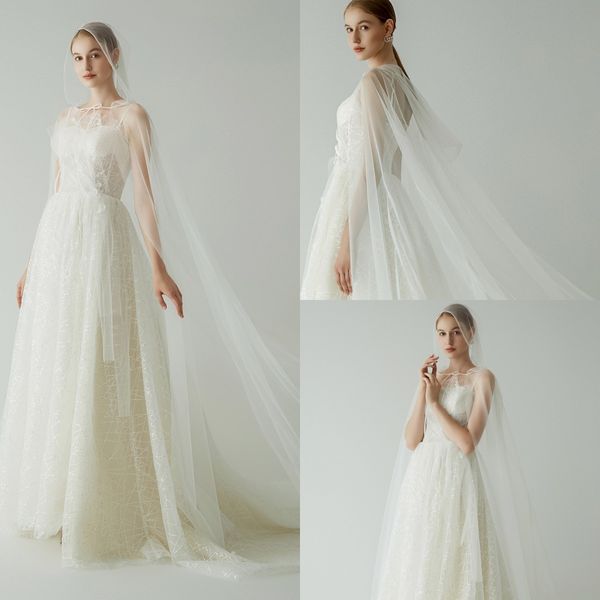 

2020 modest yl spaghetti sleeveless a line wedding dresses with wrap lace applique sequins tulle wedding gowns sweep train bridal gown, White
