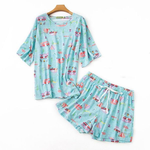 

2019 summer female casual cartoon pajama sets ladies 100%cotton sleepwear suit women short sleeve o-neck collar t shirt & shorts, Blue;gray