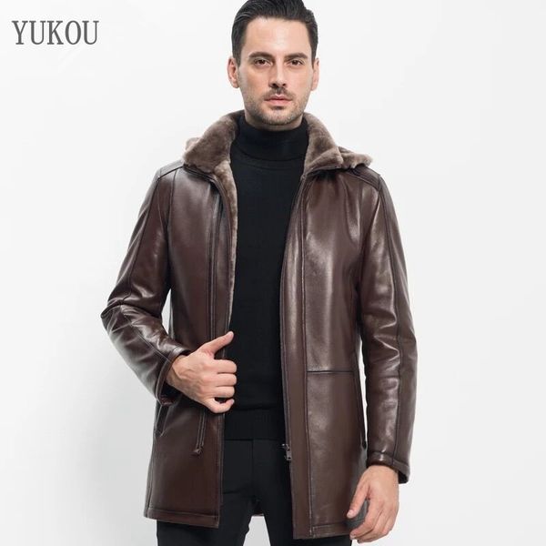 

men coat double-faced fur sheepskin and woolen outwear long 2019 winter fashion merino sheep fur warm and thick hat removable, Black