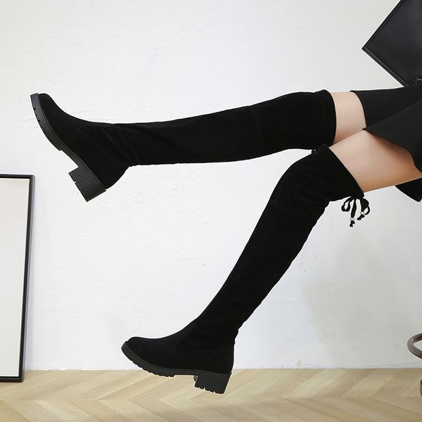 

women boots over knee women's rubber shoes rain winter footwear booties woman 2019 low heel lace up luxury designer round toe, Black
