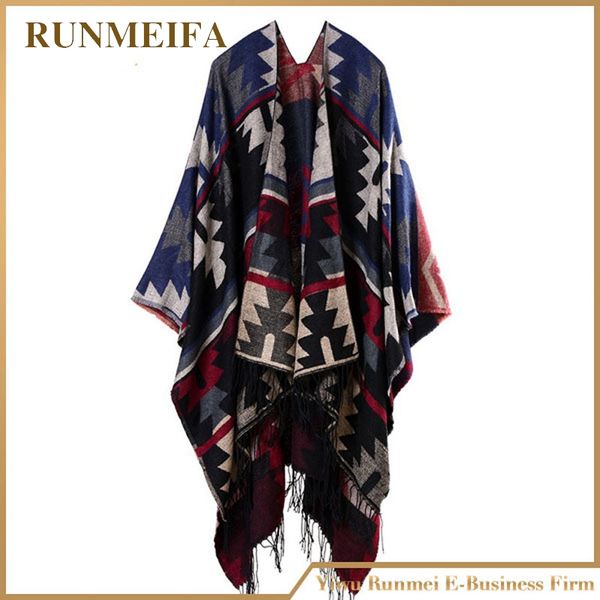 

runmeifa] women batwing tassels cloak shawl polyester and acrylic poncho cape scarf shawl poncho blanket, Blue;gray
