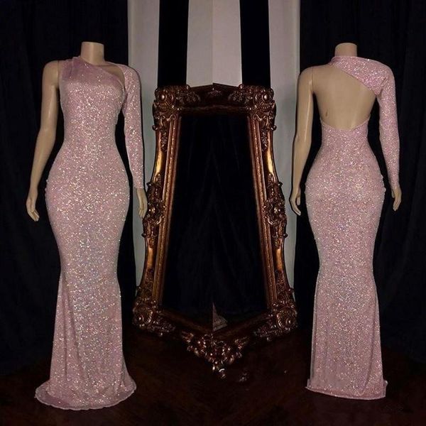 

sparkly pink sequined mermaid prom dresses 2020 one shoulder long sleeve sweep train formal evening women party gowns, Black