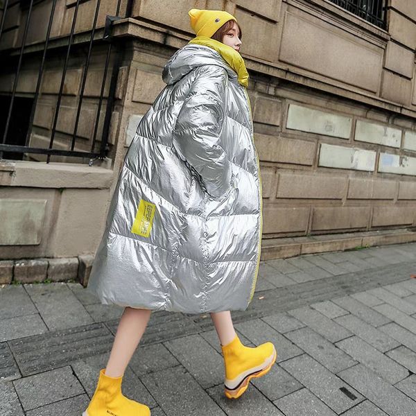 

metal silver winter coat women oversized loose hooded long jacket parka women 2018 new collection cotton padded female parkas, Black