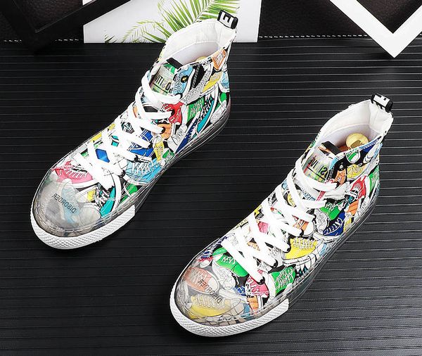 

luxury men's high street fashion casual shoes summer high unique graffiti hip hop leisure shoes male sneakers, Black