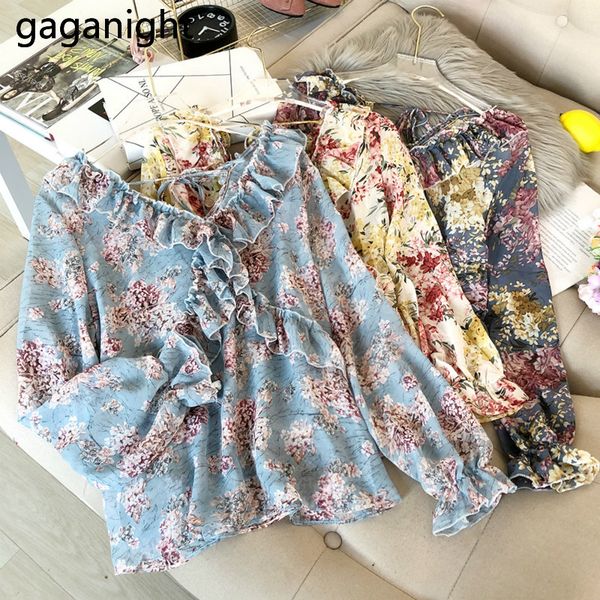 

gaganight vintage flower women blouse chiffon chic korean office lady summer shirt ruffles fashion blusas retro casual shirts, White
