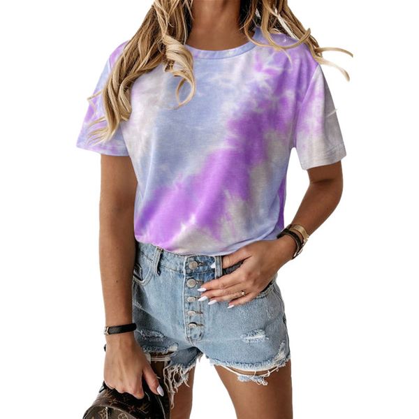 

2020 women's loose round neck short sleeve printed tie-dye t-shirt top, White