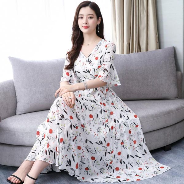 

2020 spring summer white chiffon maxi dress 4xl plus size print vintage runway midi dresses elegant women bodycon party vestidos, Black;gray