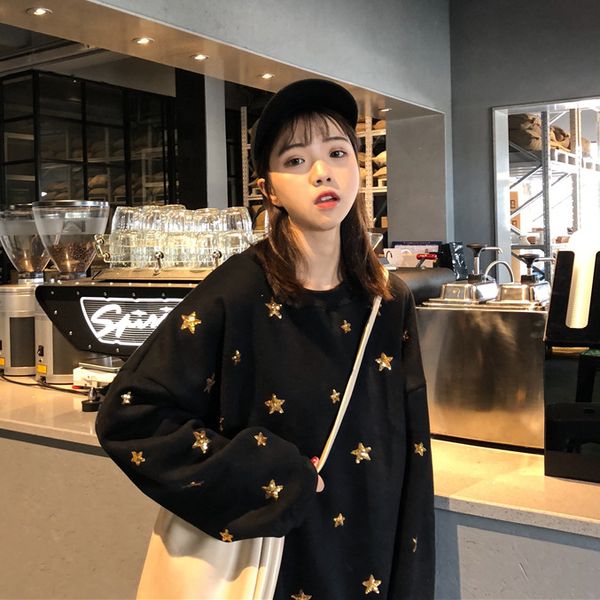 

p shoot 7929 # autumn and winter korean-style loose-fit blingbiing machine embroidery star plus velvet hoodie, Black