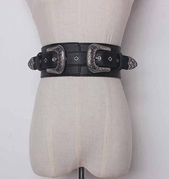 

women's runway fashion elastic pu leather buckle cummerbunds female dress corsets waistband belts decoration wide belt r1327, Black;brown